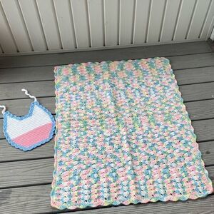Vintage Crochet Afghan Baby Crib Blanket and Bib Handmade Pink Blue White